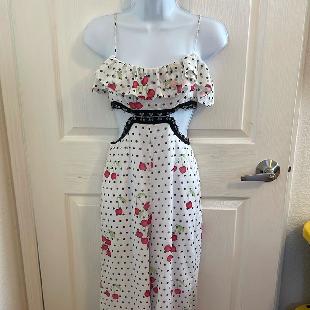 NBD White Polka Dot Cherry Cutout Jumpsuit